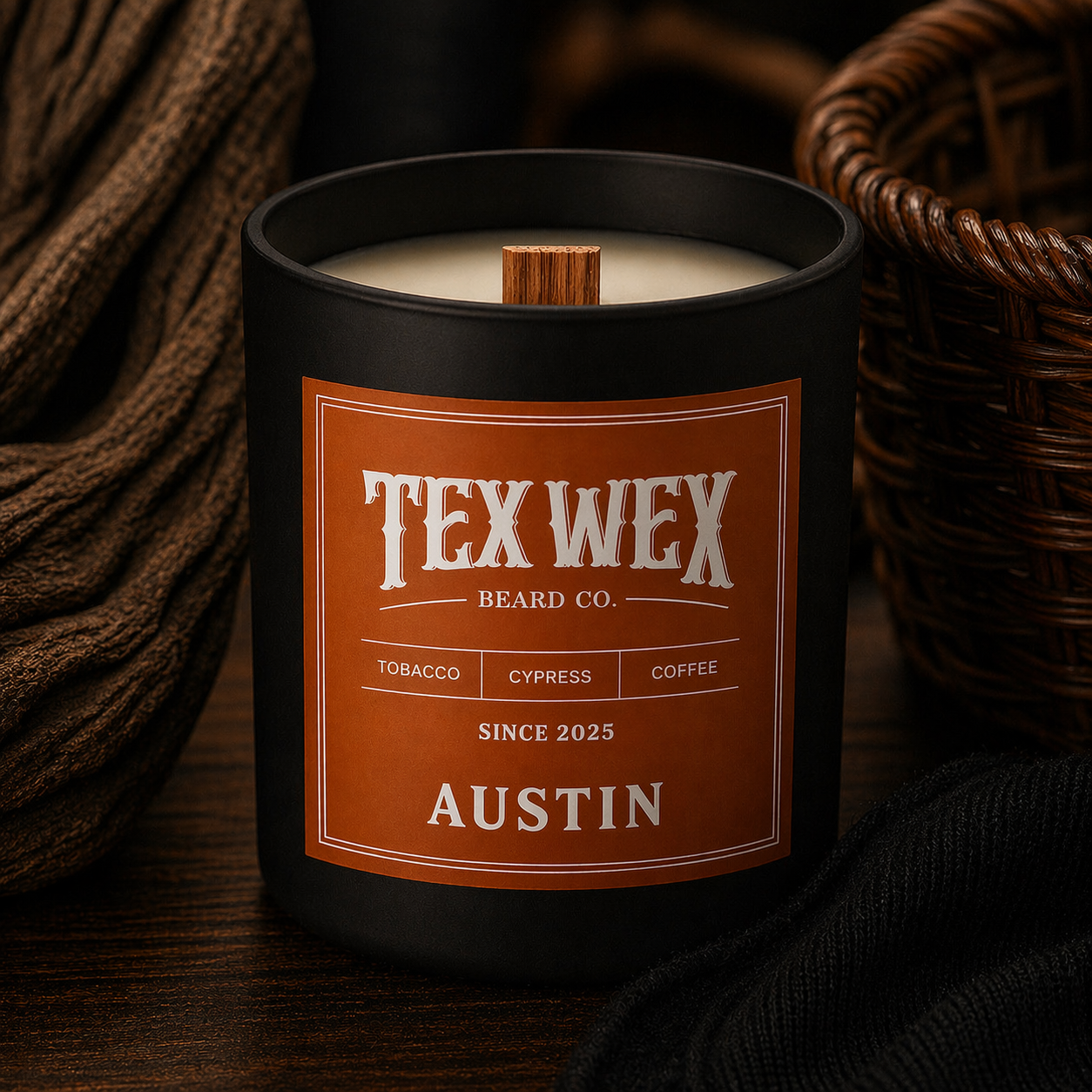 Austin Hand Poured Candle by Tex Wex Beard Company - Coffee Sweet Tobacco Cypress Scent