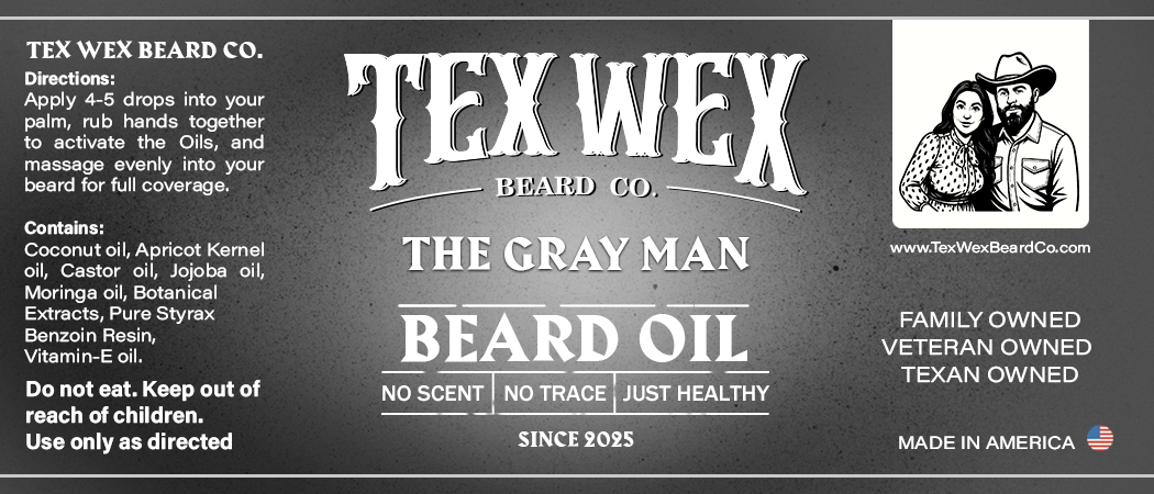 Product label for The Gray Man unscented beard oil